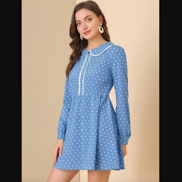 Allegra K Dress M Heart Print Long Sleeve A-Line Peter Pan Collar Mod Retro Blue - Picture 4 of 5